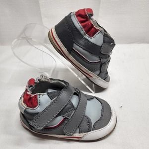 Robeez Velcro Leather Sneakers Size 5,  12-18 Months Red and Gray